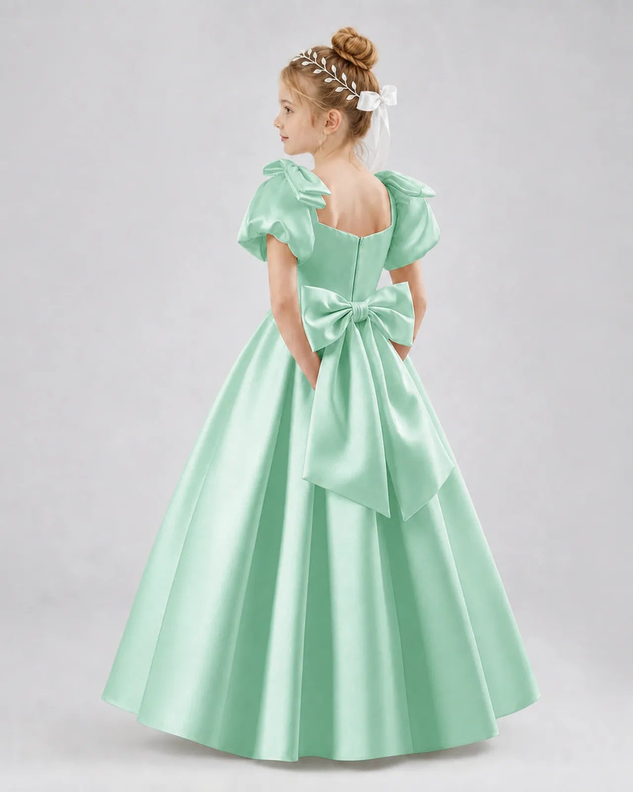 Mint Green Satin A-line Flower Girl Dress Side View