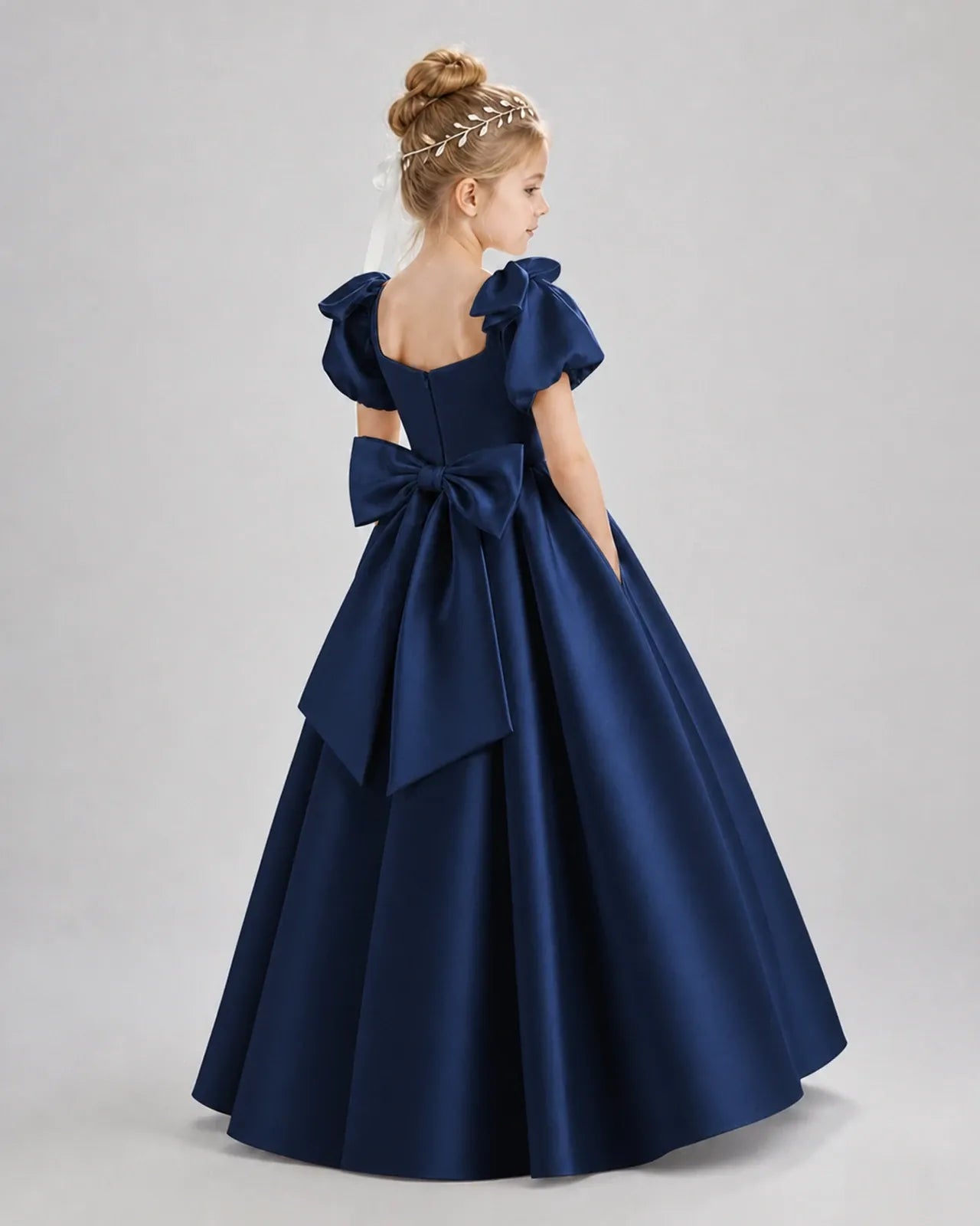 Navy Blue Satin A-line Flower Girl Dress Back View