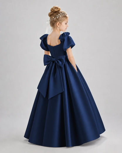 Navy Blue Satin A-line Flower Girl Dress Back View