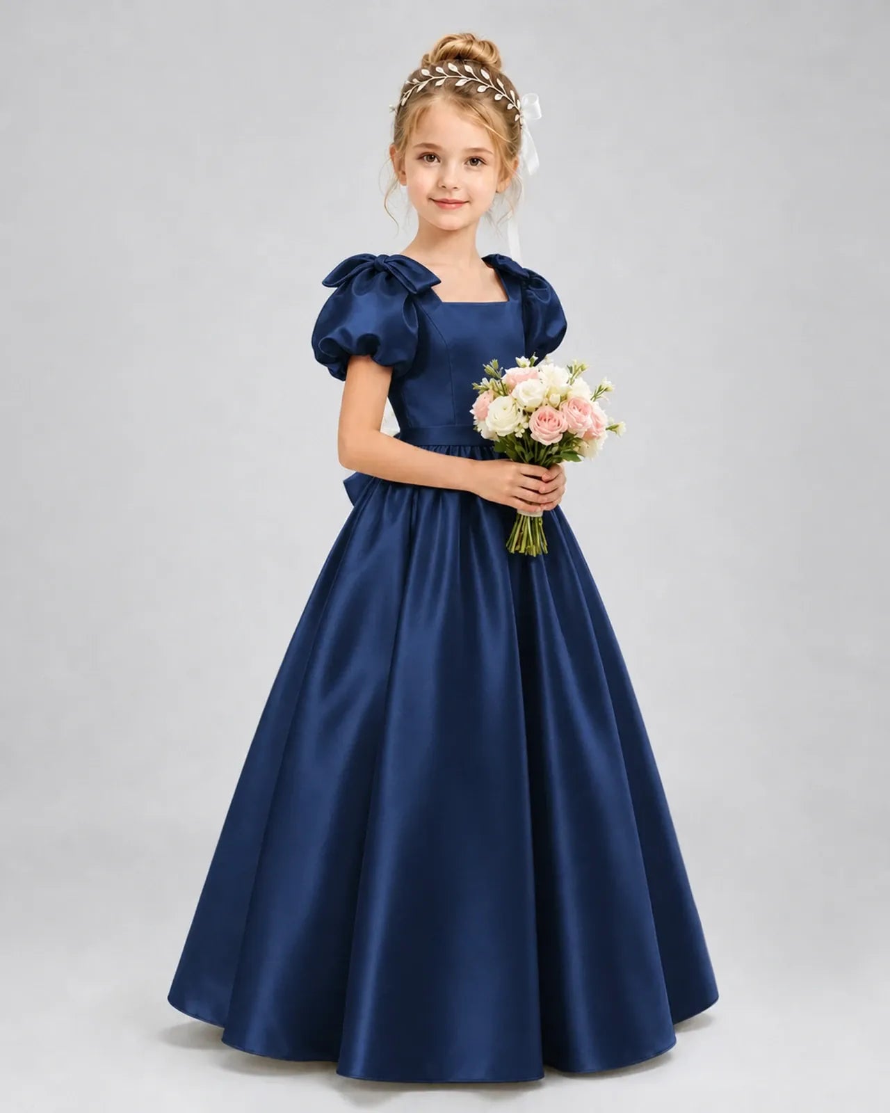 Navy Blue Satin A-line Flower Girl Dress Front View