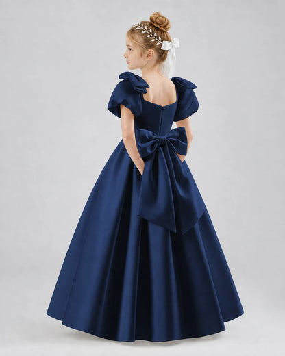 Navy Blue Satin A-line Flower Girl Dress Side View