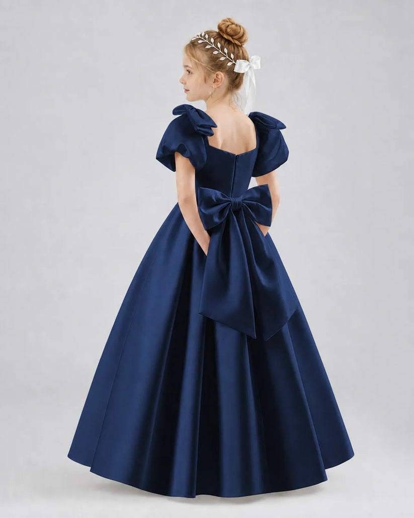 Navy Blue Satin A-line Flower Girl Dress Side View