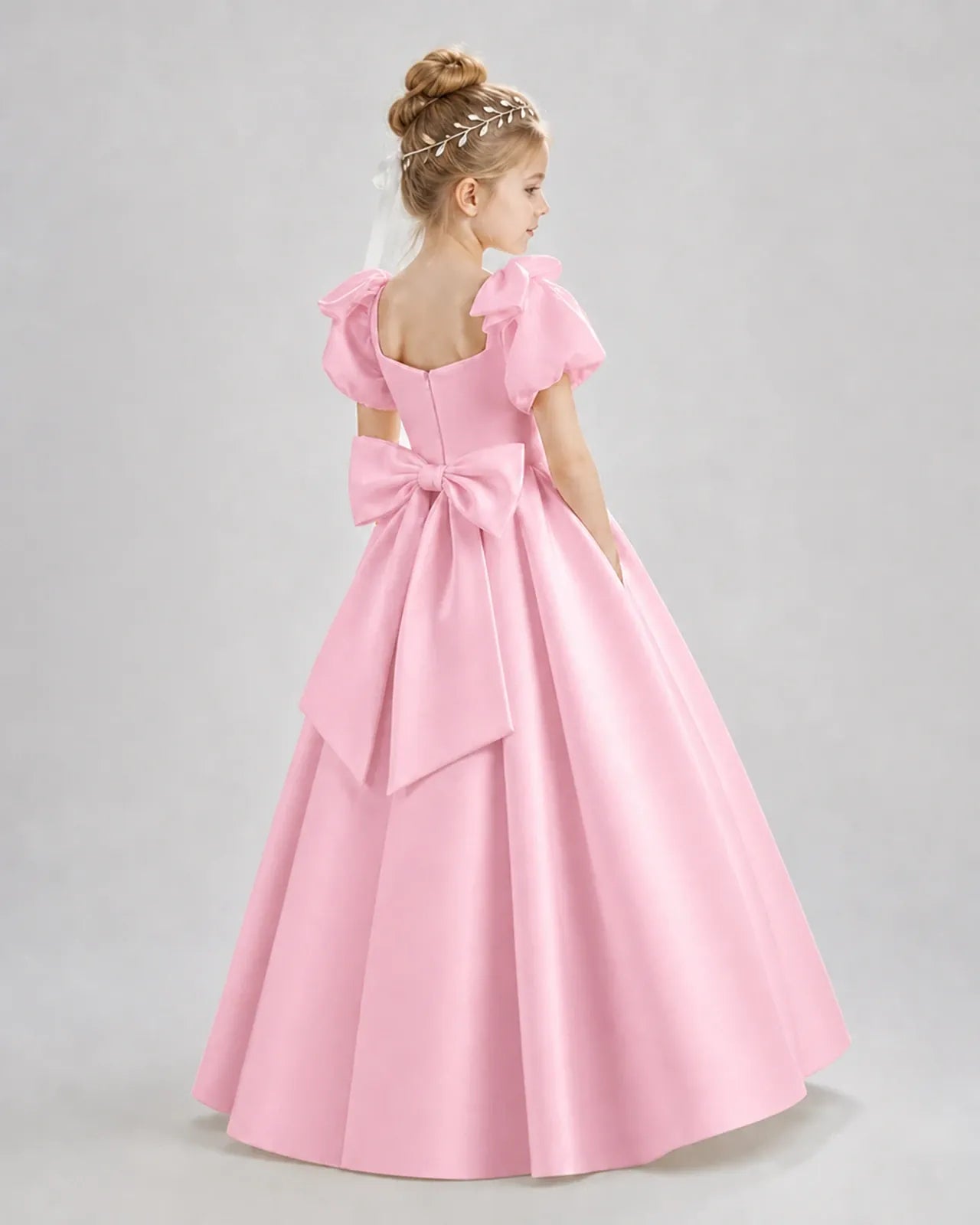 Pink Satin A-line Flower Girl Dress Back View
