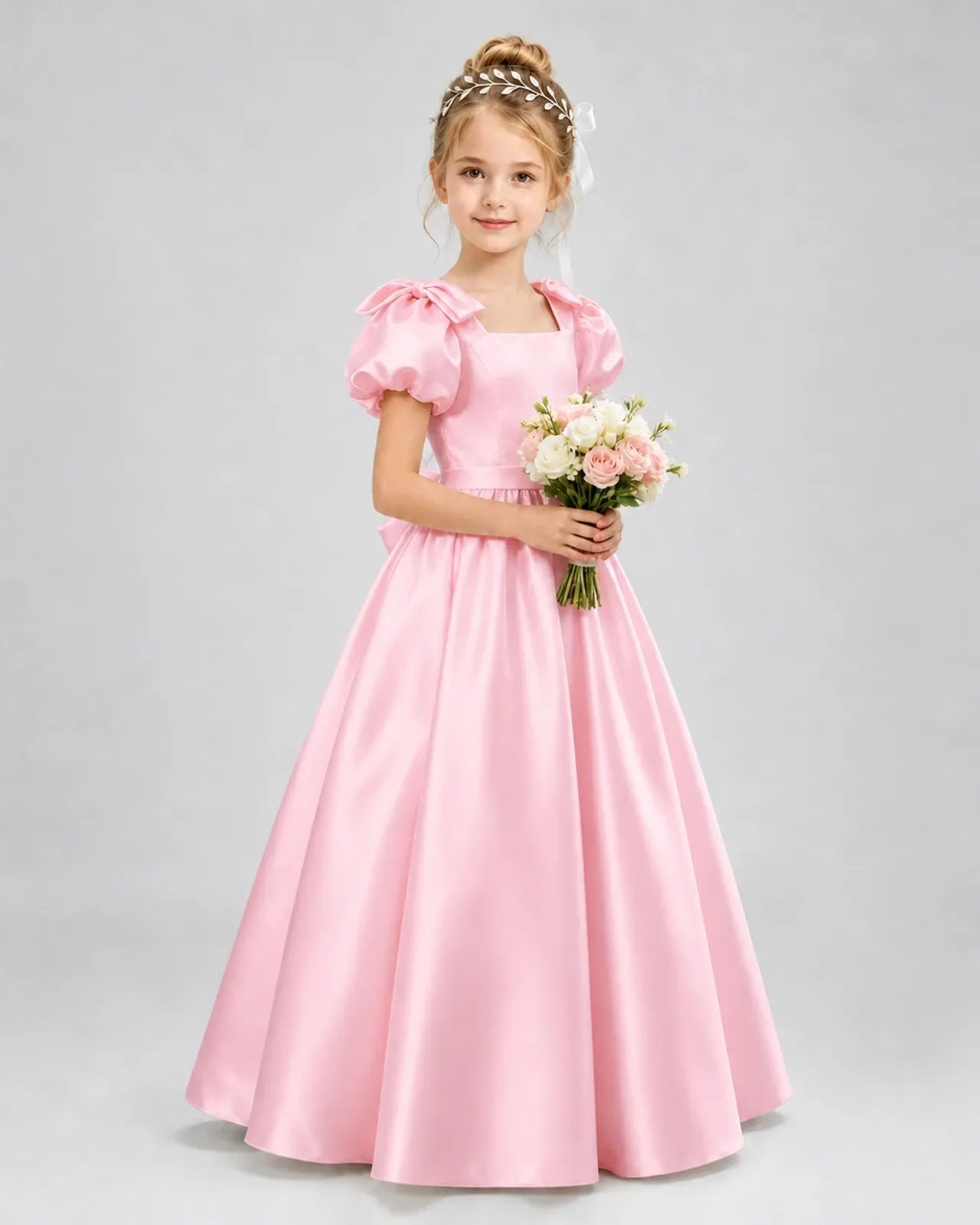 Pink Satin A-line Flower Girl Dress Front View