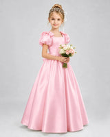 Pink Satin A-line Flower Girl Dress Front View