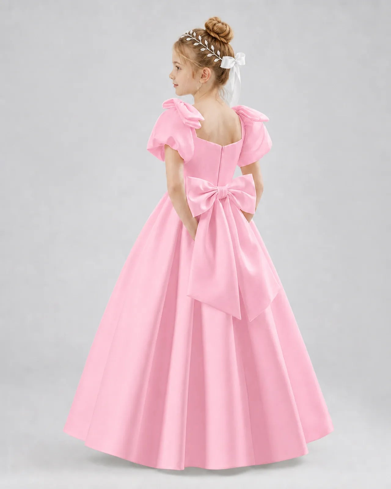 Pink Satin A-line Flower Girl Dress Side View