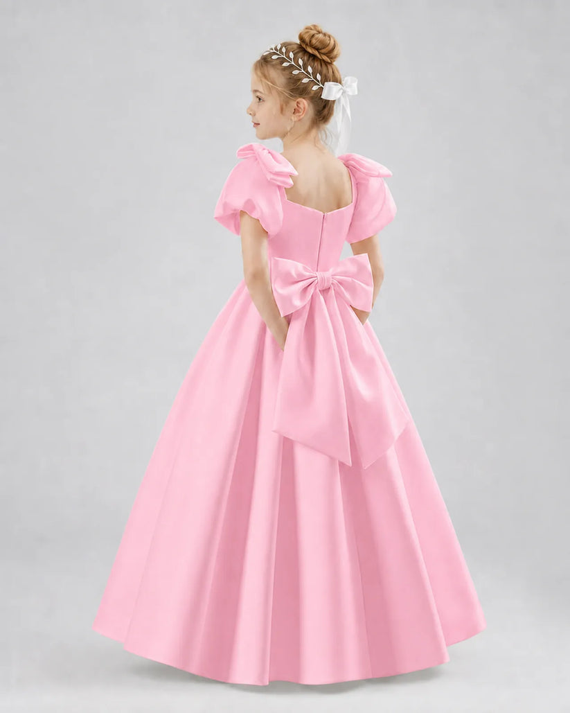 Pink Satin A-line Flower Girl Dress Side View
