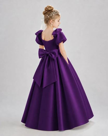 Purple Satin A-line Flower Girl Dress Back View