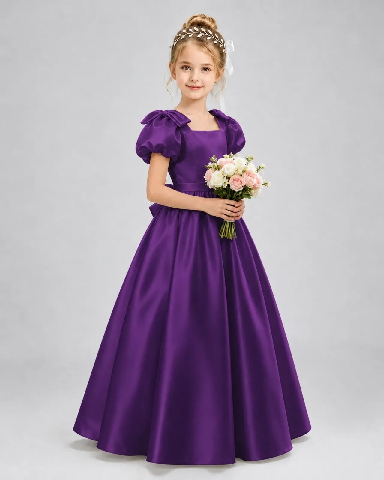 Purple Satin A-line Flower Girl Dress Front View
