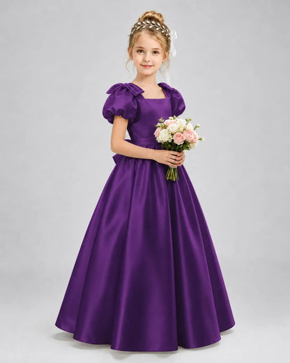 Purple Satin A-line Flower Girl Dress Front View