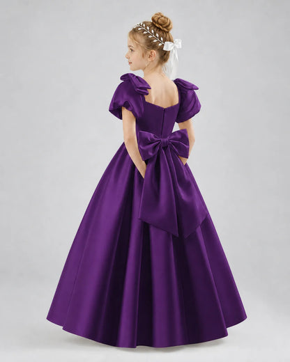 Purple Satin A-line Flower Girl Dress Side View