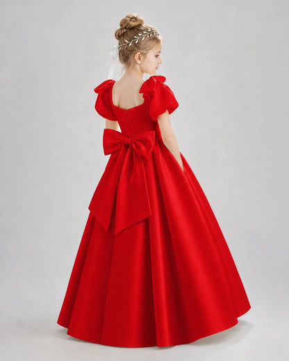 Red Satin A-line Flower Girl Dress Back View