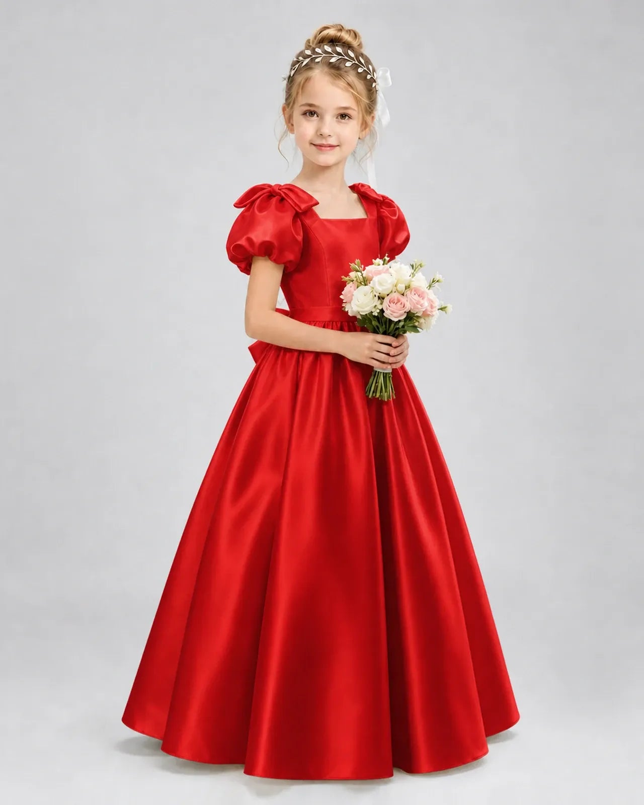 Red Satin A-line Flower Girl Dress Front View