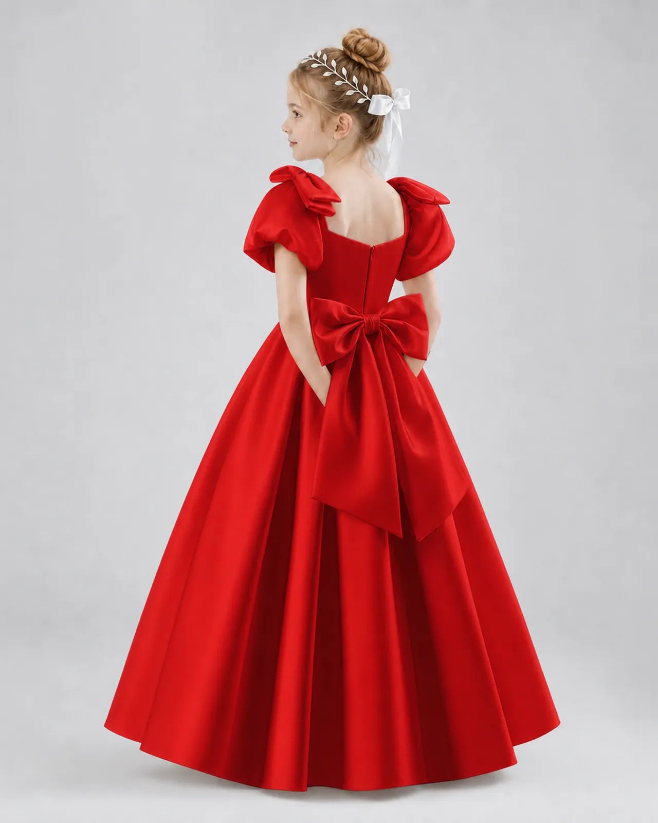 Red Satin A-line Flower Girl Dress Side View