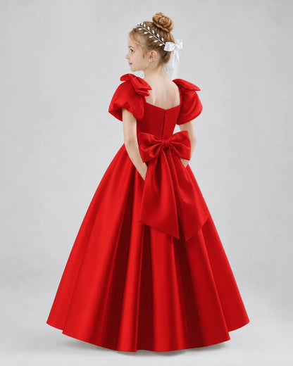 Red Satin A-line Flower Girl Dress Side View