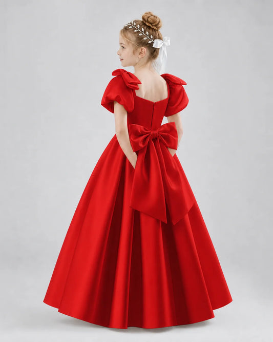Red Satin A-line Flower Girl Dress Side View