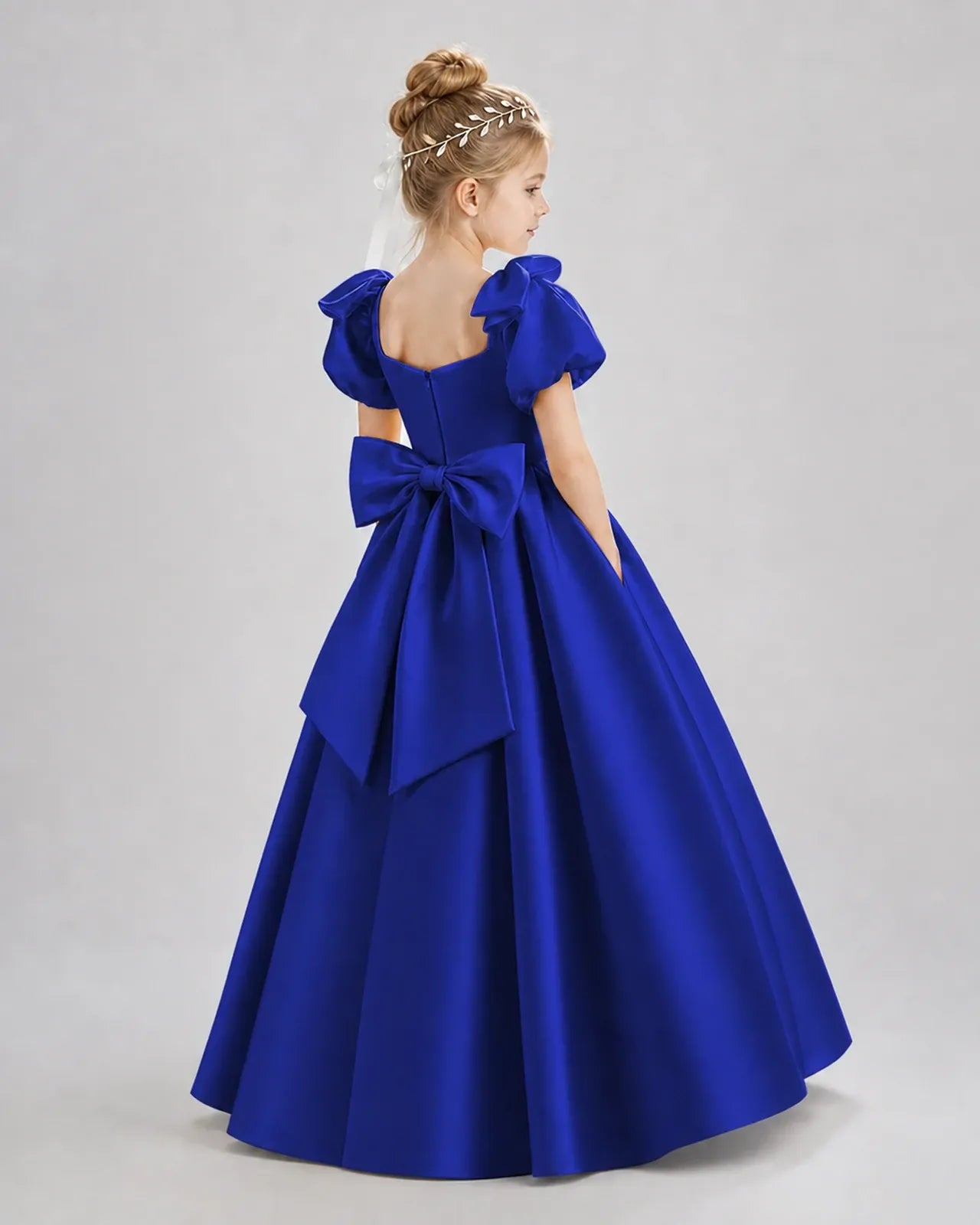 Royal Blue Satin A-line Flower Girl Dress Back View