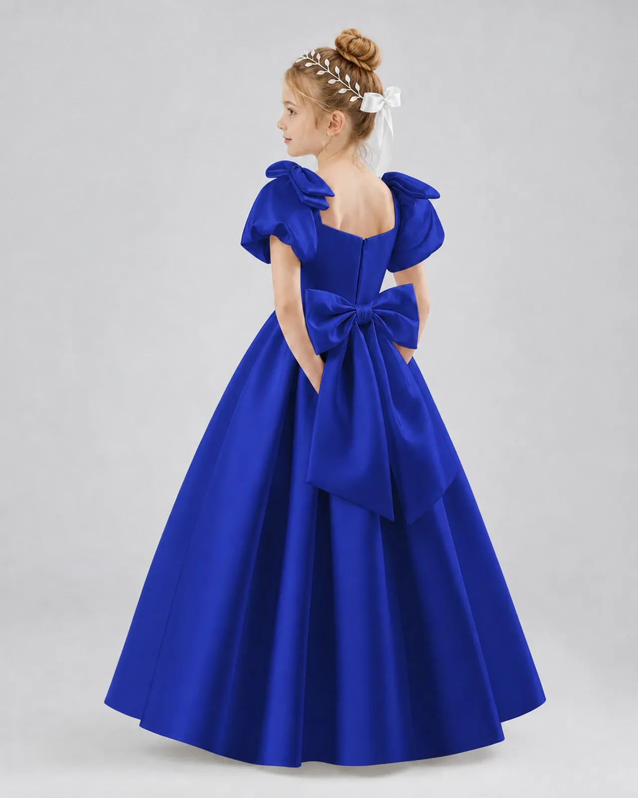 Royal Blue Satin A-line Flower Girl Dress Side View
