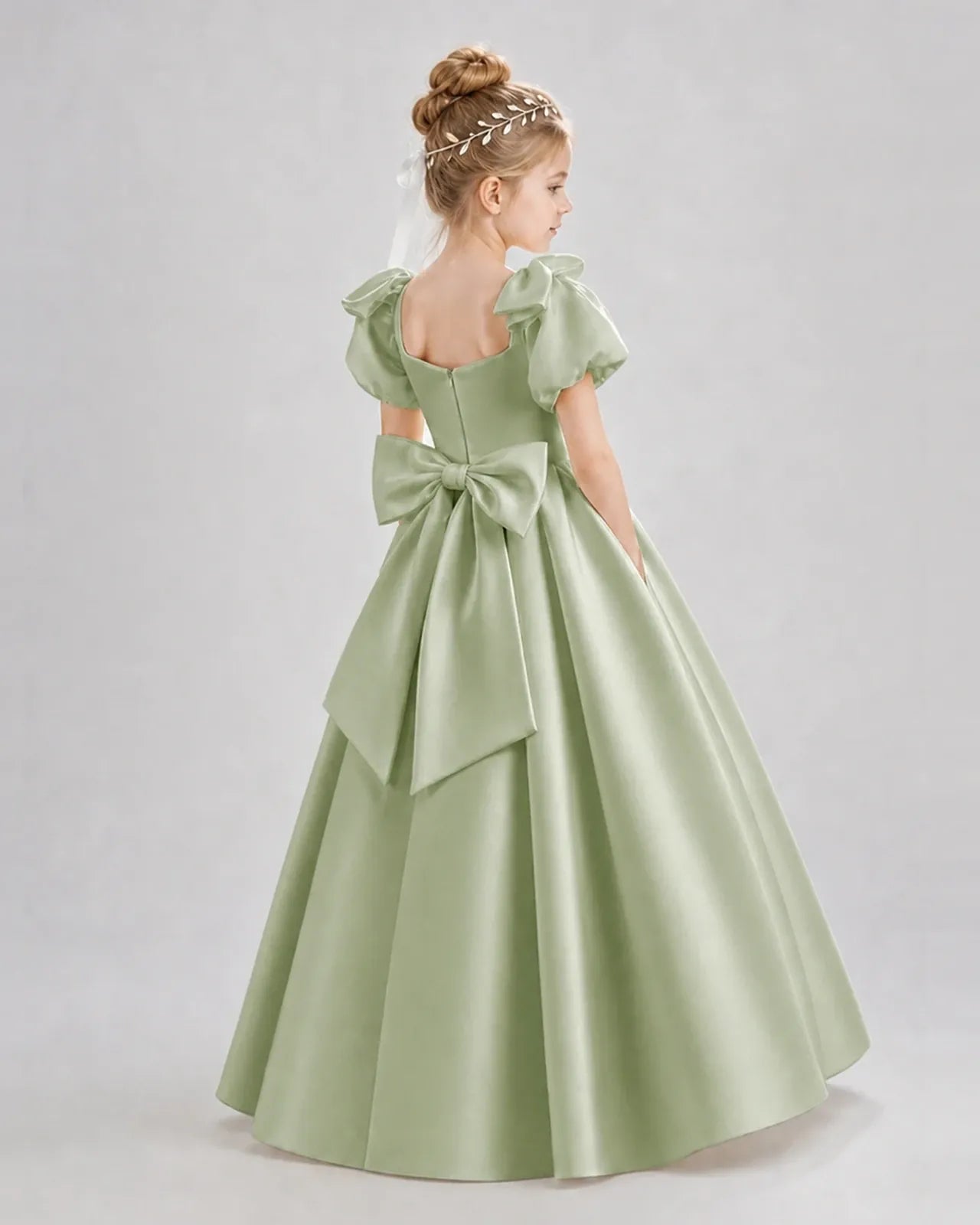 Sage Green Satin A-line Flower Girl Dress Back View