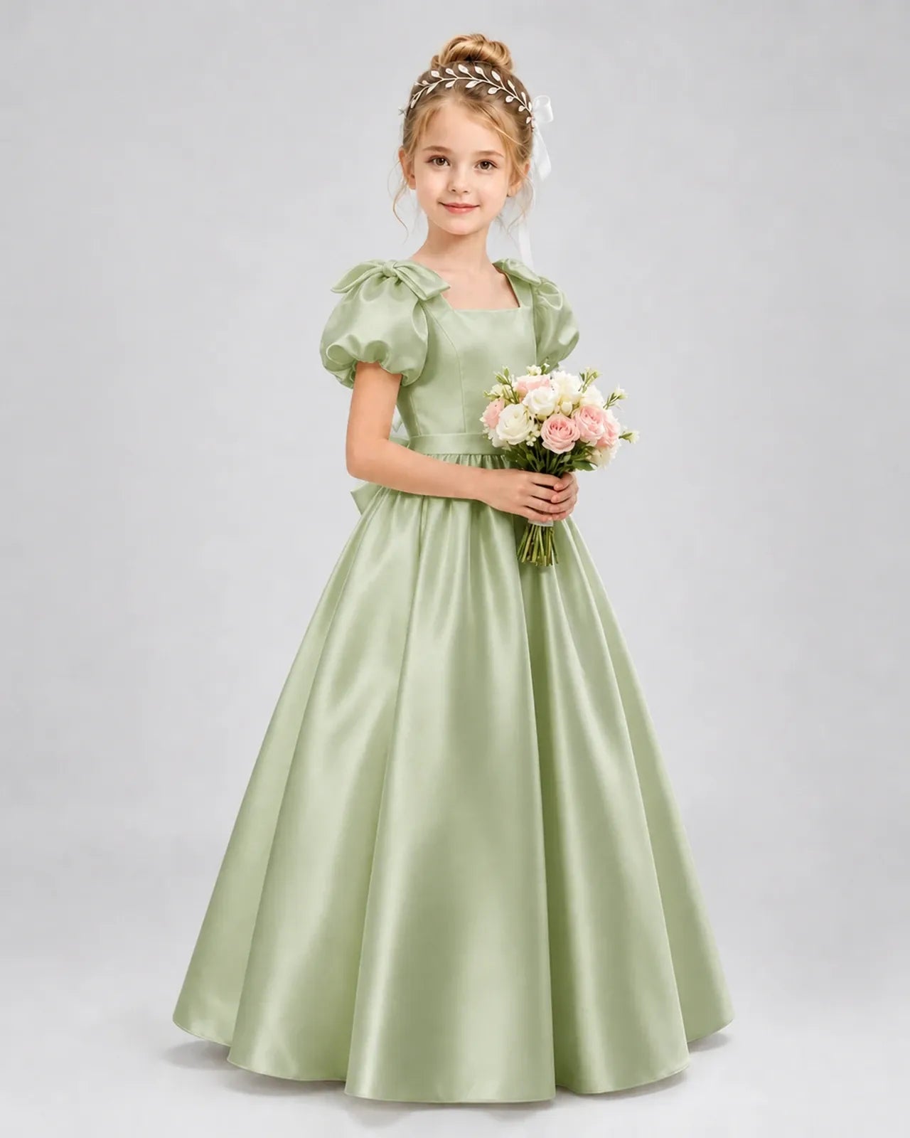 Sage Green Satin A-line Flower Girl Dress Front View