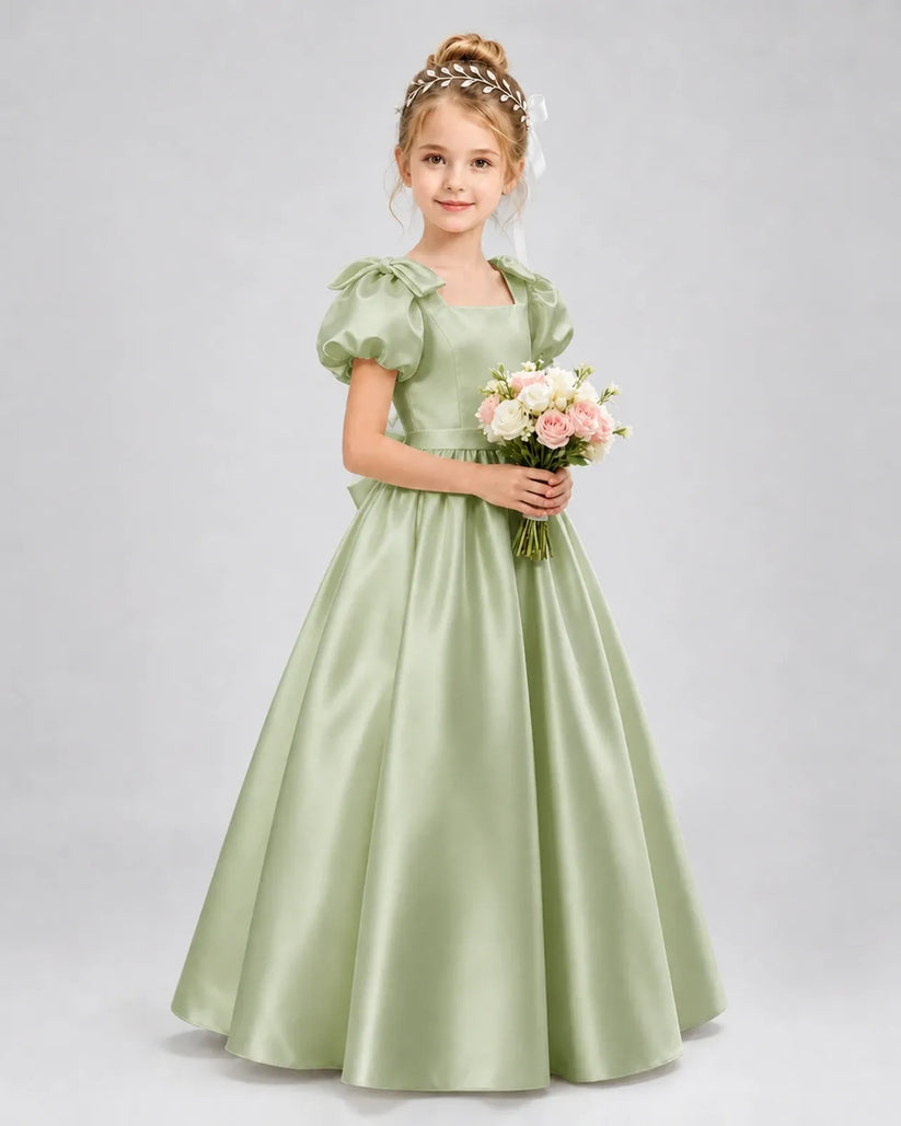Sage Green Satin A-line Flower Girl Dress Front View