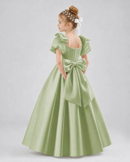 Sage Green Satin A-line Flower Girl Dress Side View