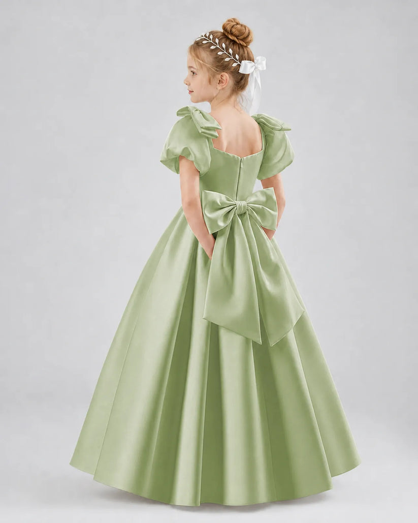 Sage Green Satin A-line Flower Girl Dress Side View