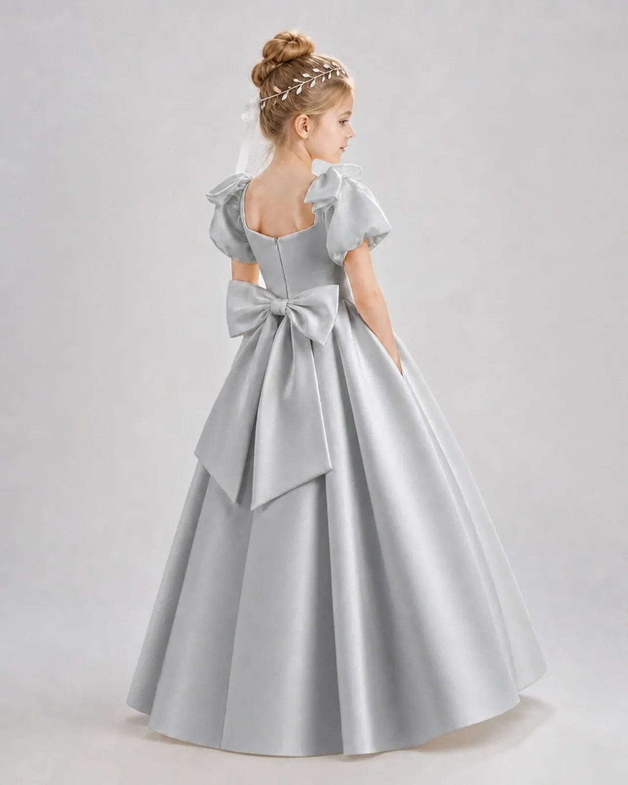 Silver Satin A-line Flower Girl Dress Back View