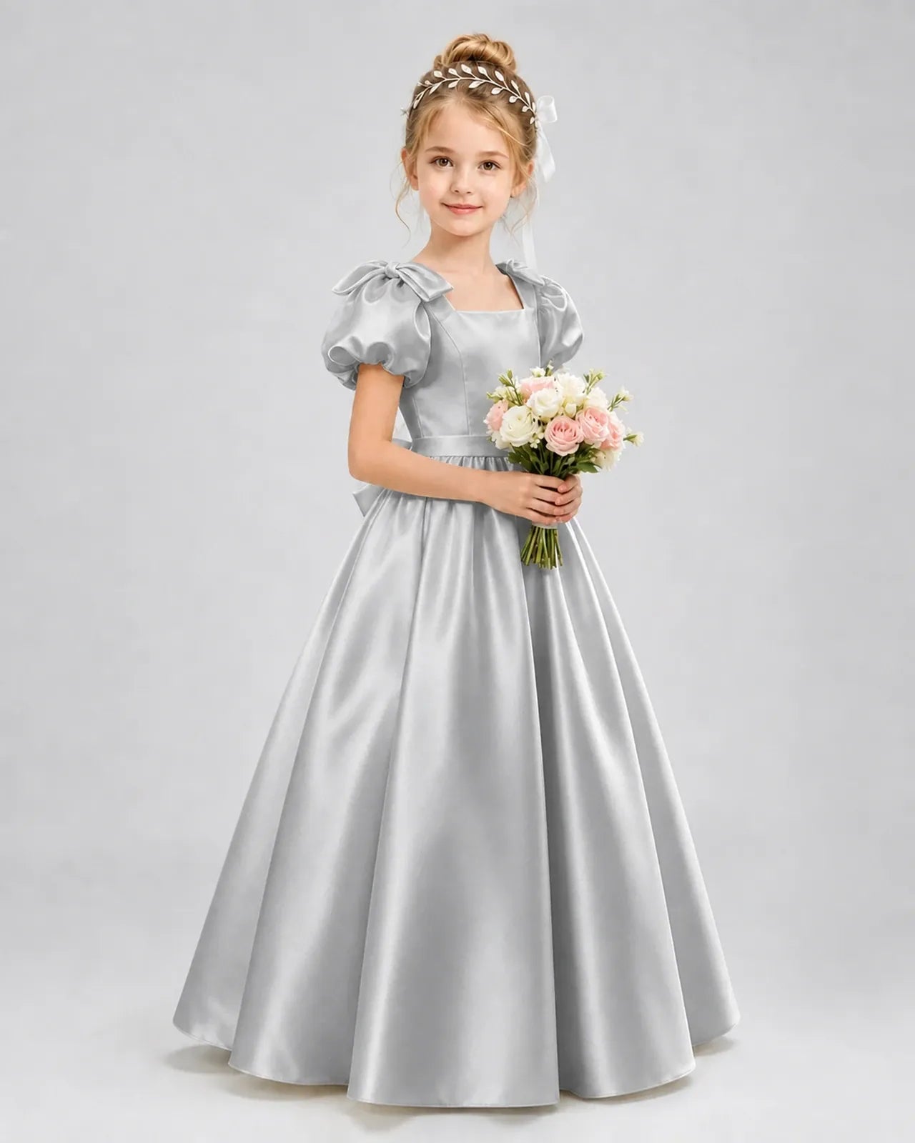 Silver Satin A-line Flower Girl Dress Front View