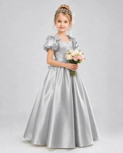 Silver Satin A-line Flower Girl Dress Front View