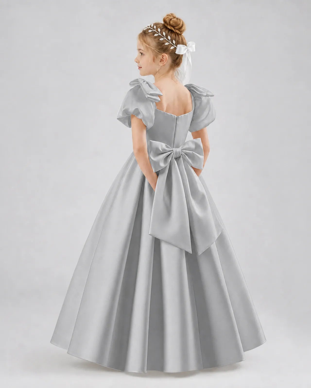 Silver Satin A-line Flower Girl Dress Side View