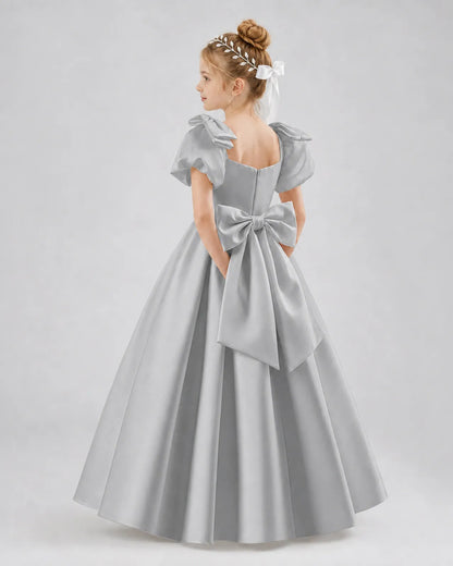 Silver Satin A-line Flower Girl Dress Side View