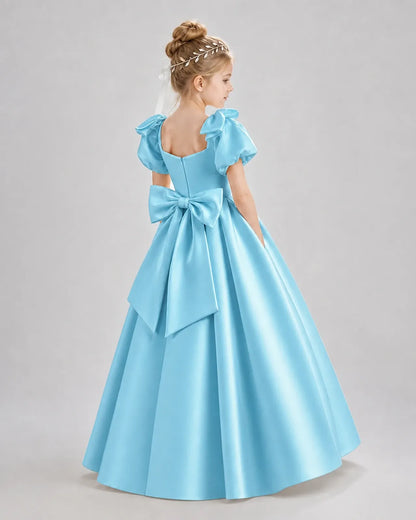 Sky Blue Satin A-line Flower Girl Dress Back View