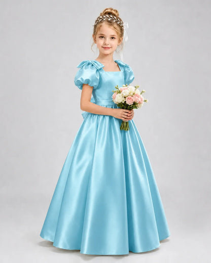 Sky Blue Satin A-line Flower Girl Dress Front View