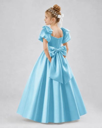 Sky Blue Satin A-line Flower Girl Dress Side View