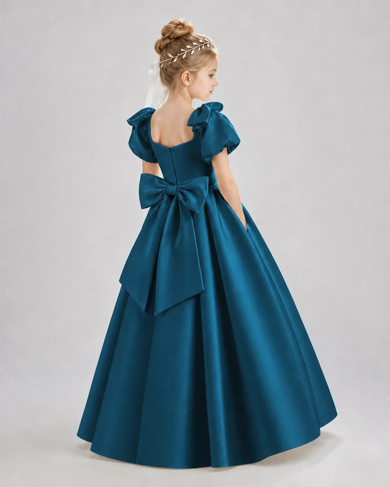 Teal Satin A-line Flower Girl Dress Back View