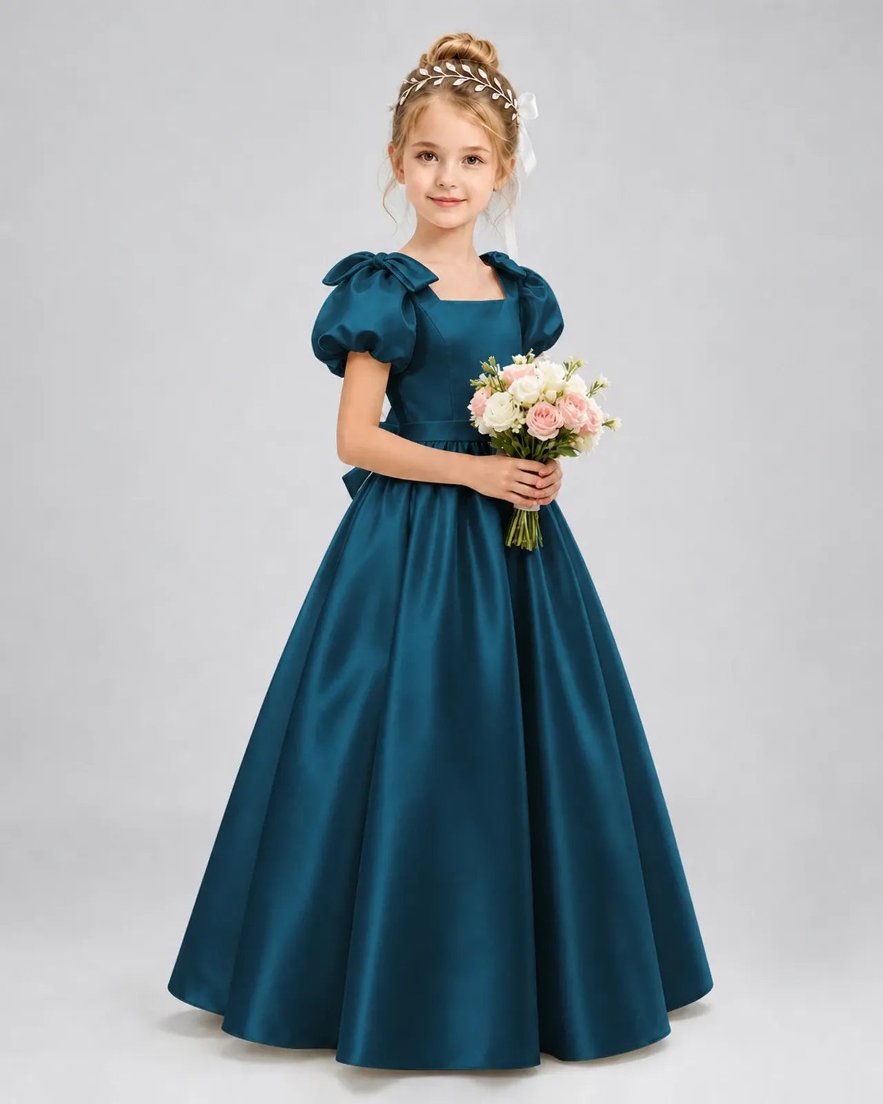 Teal Satin A-line Flower Girl Dress Front View