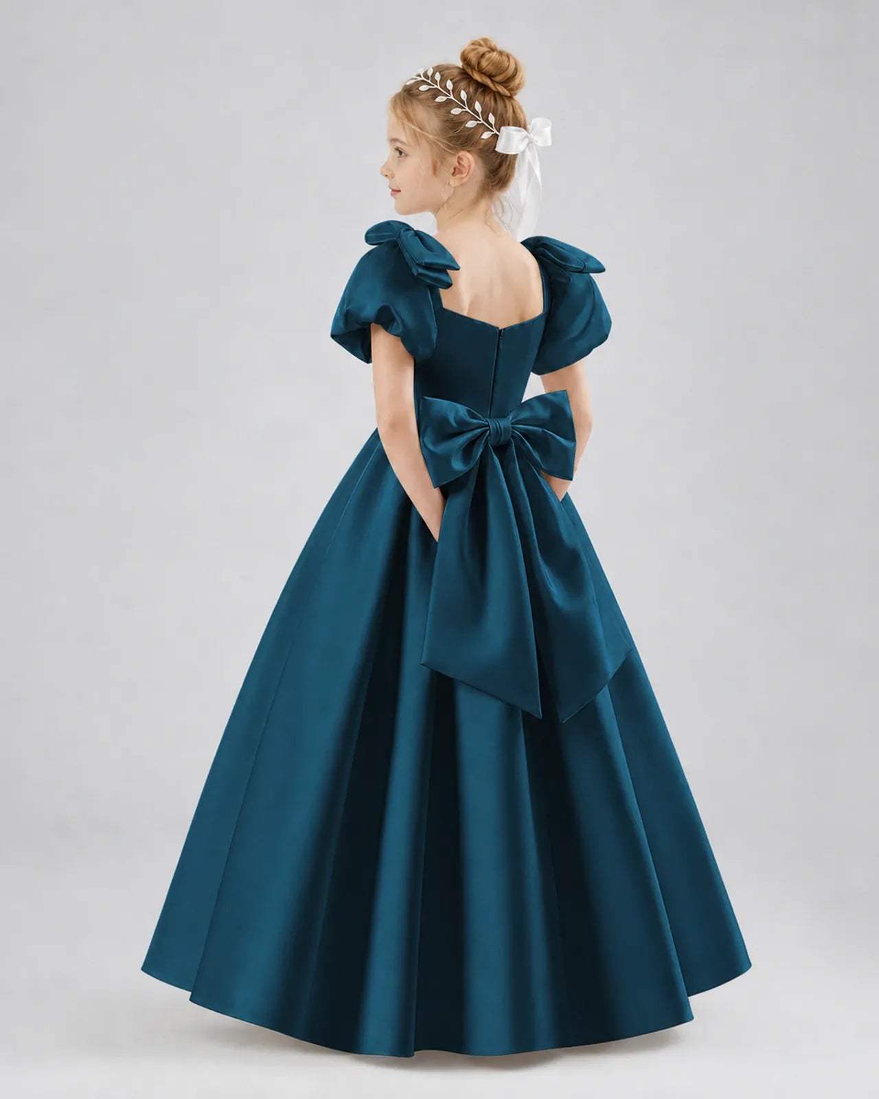 Teal Satin A-line Flower Girl Dress Side View