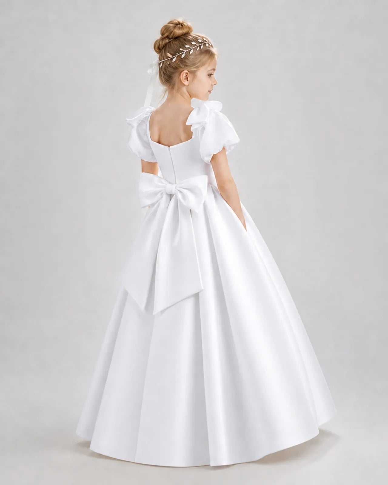 White Satin A-line Flower Girl Dress Back View