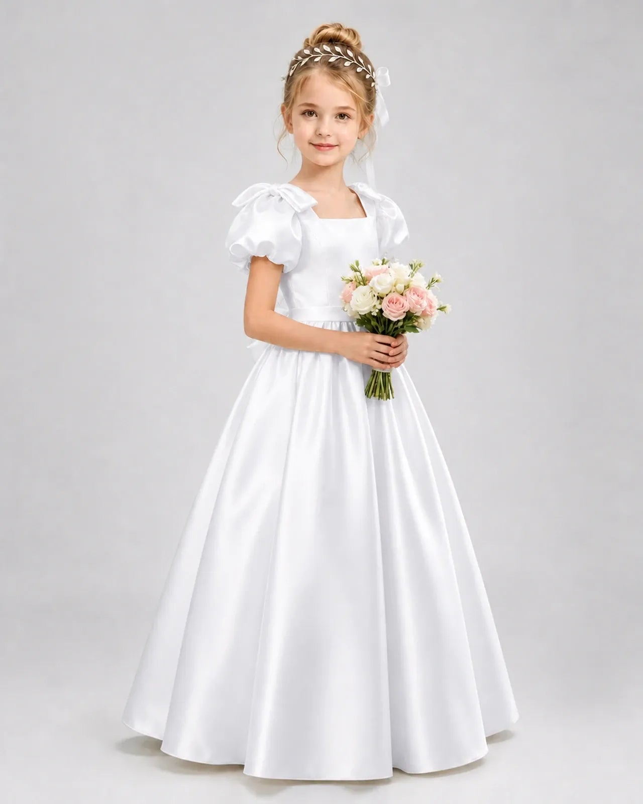 White Satin A-line Flower Girl Dress Front View