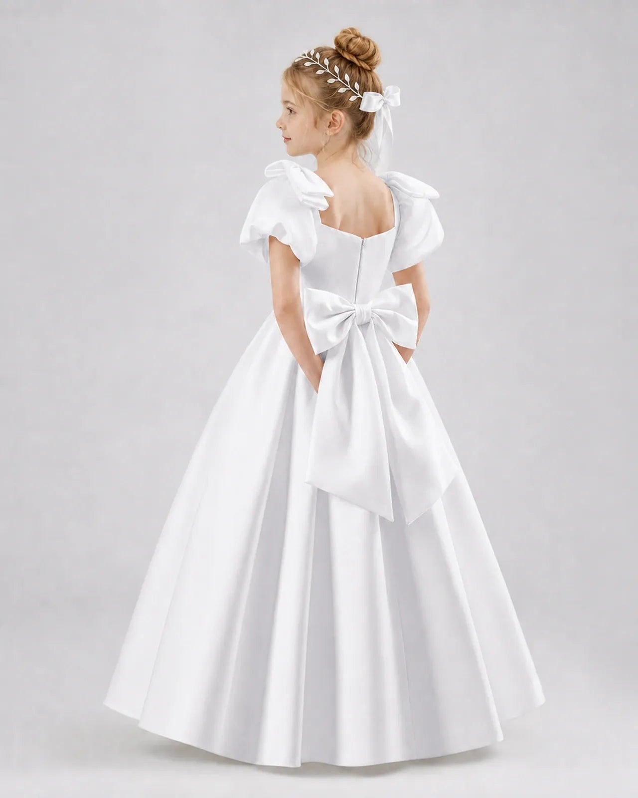 White Satin A-line Flower Girl Dress Side View