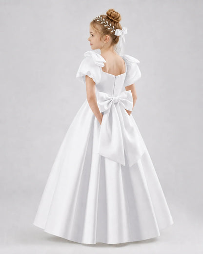 White Satin A-line Flower Girl Dress Side View