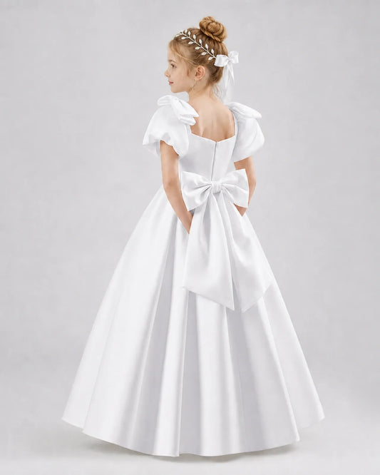 White Satin A-line Flower Girl Dress Side View