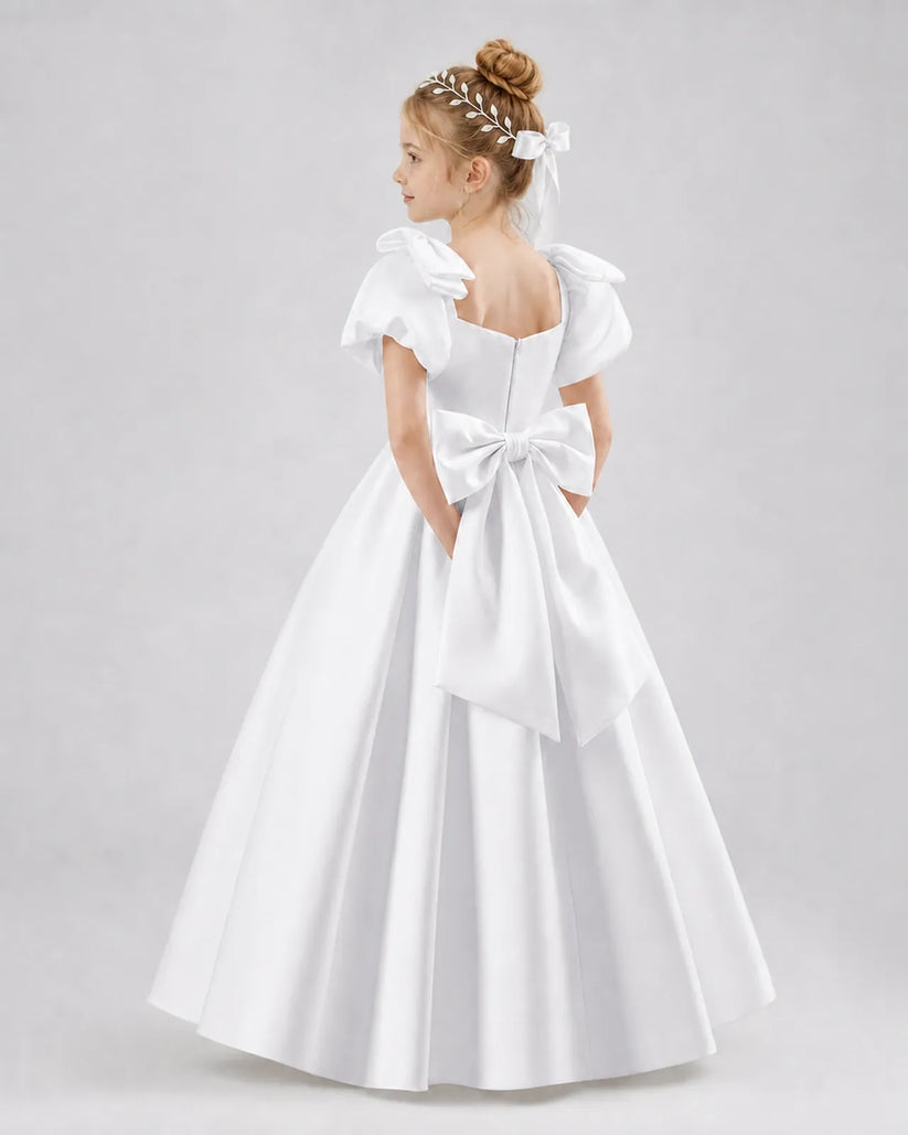 White Satin A-line Flower Girl Dress Side View
