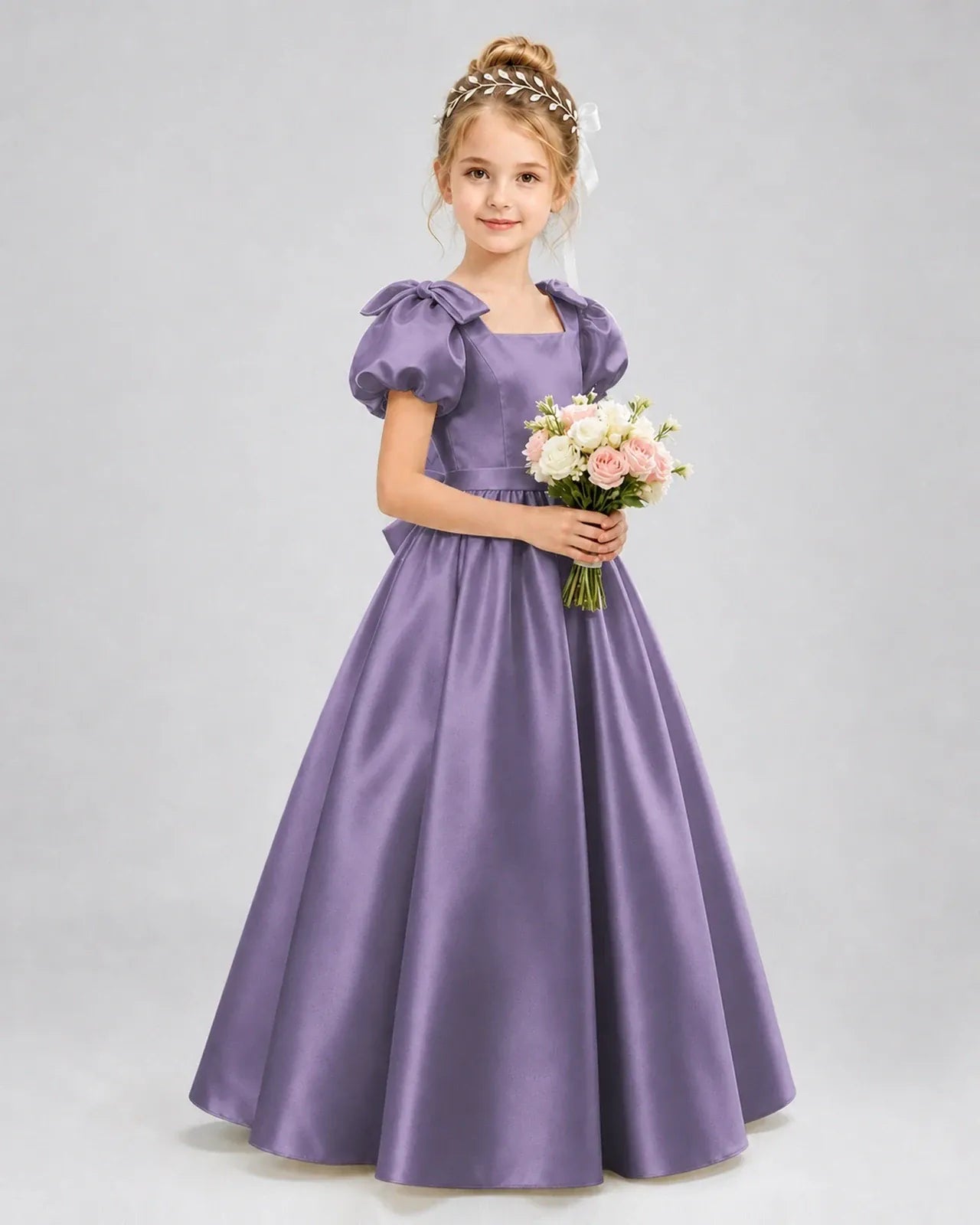 Wisteria Satin A-line Flower Girl Dress Front View