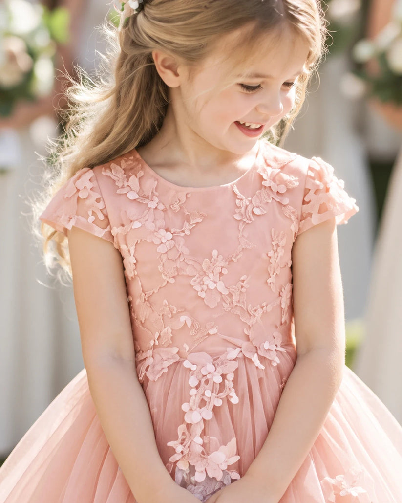 Blush Pink Tulle A-line Flower Girl Dress Front View