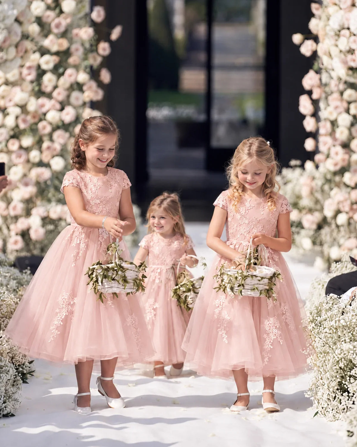 Blush Pink Tulle A-line Flower Girl Dress Front View