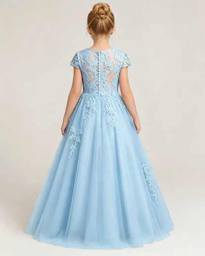 Baby Blue Lace A-line Flower Girl Dress Back View