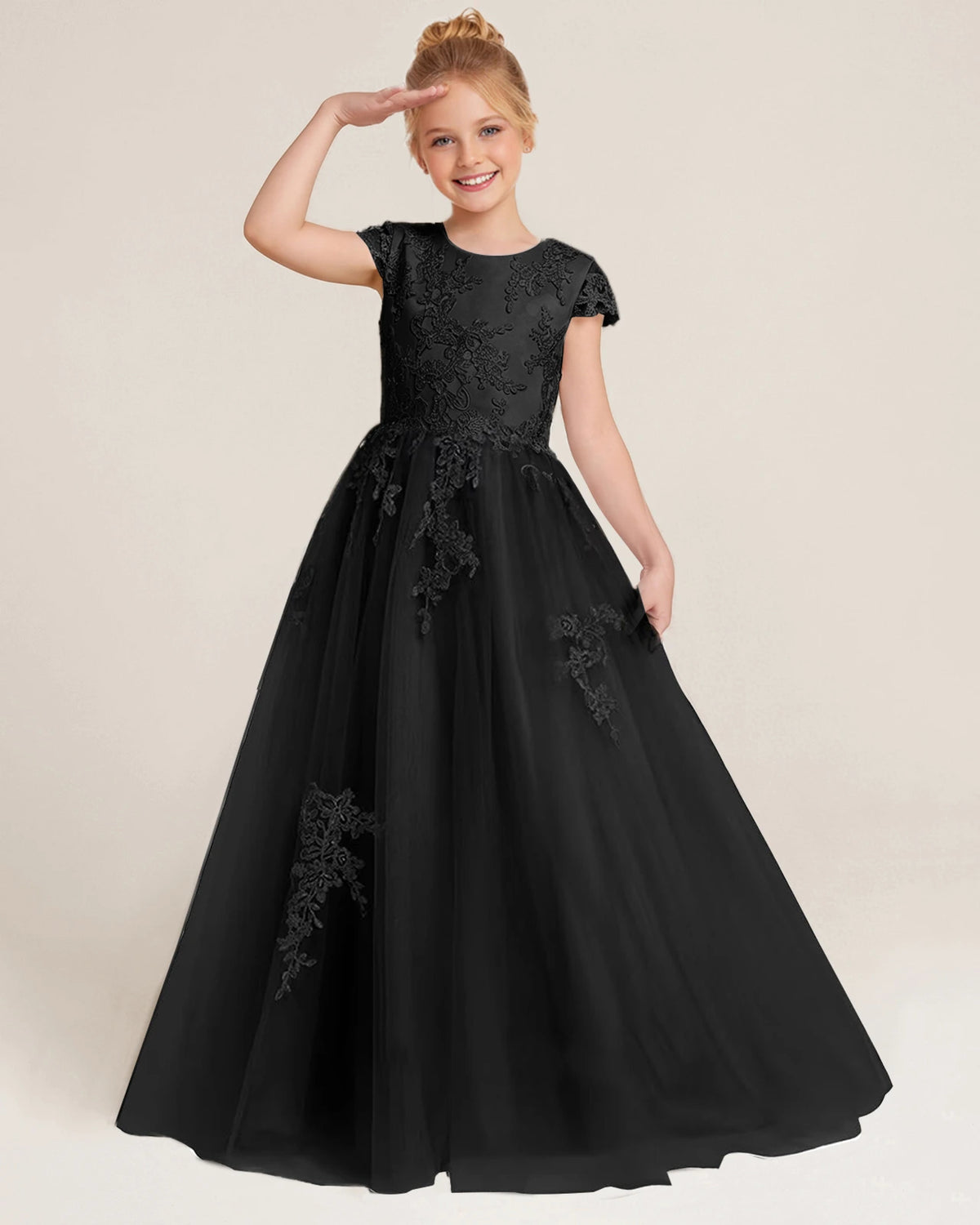 Black Tulle A-line Flower Girl Dress Front View
