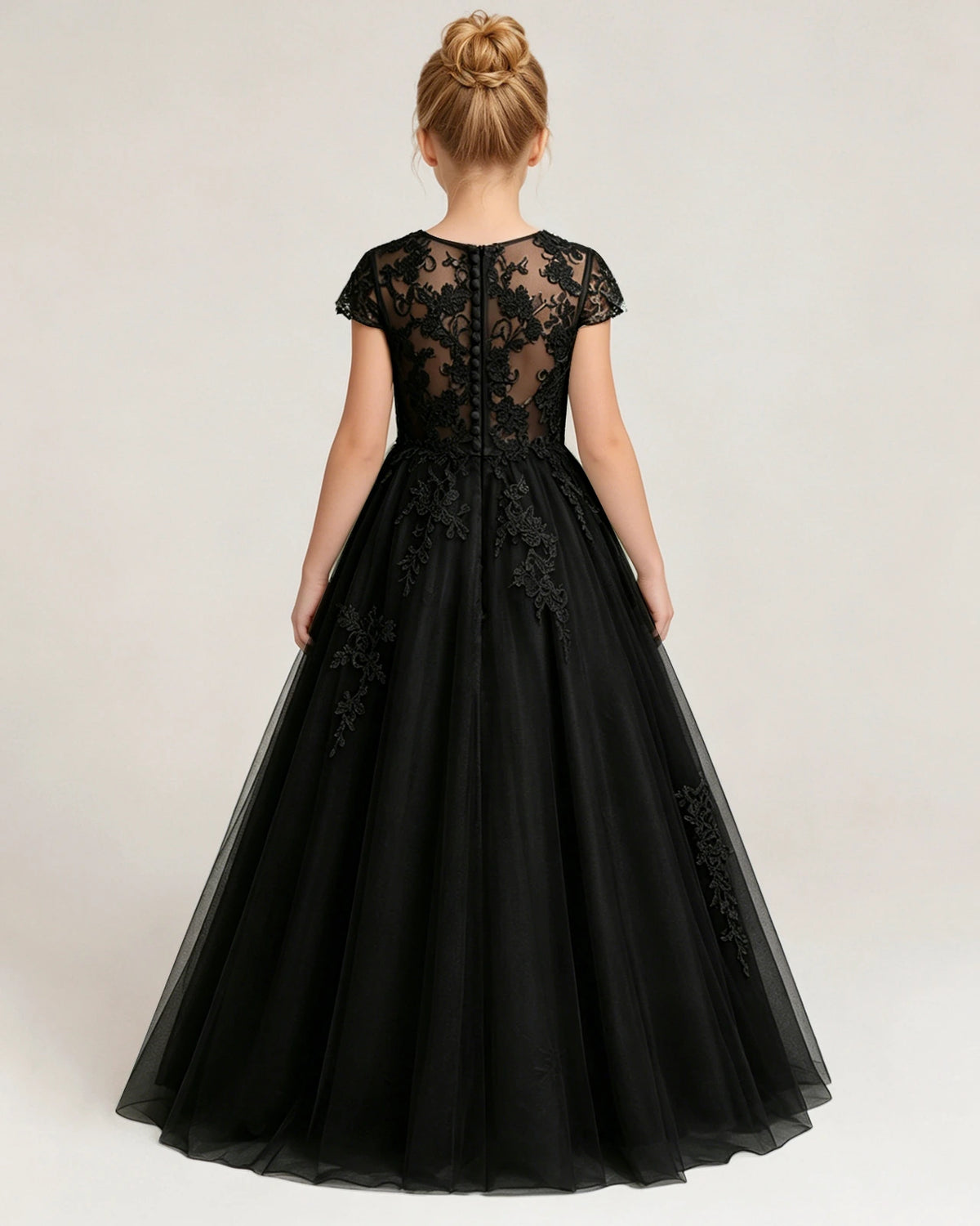 Black Tulle A-line Flower Girl Dress Back View